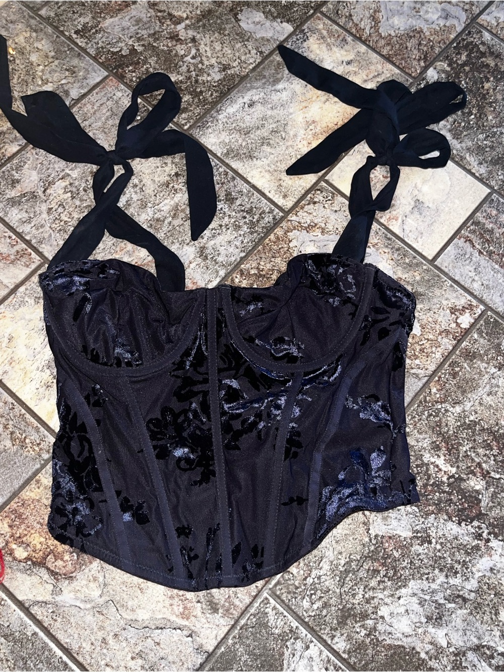 Garage Black Velvet Burnout Tie-Shoulder Bustier Camisole
